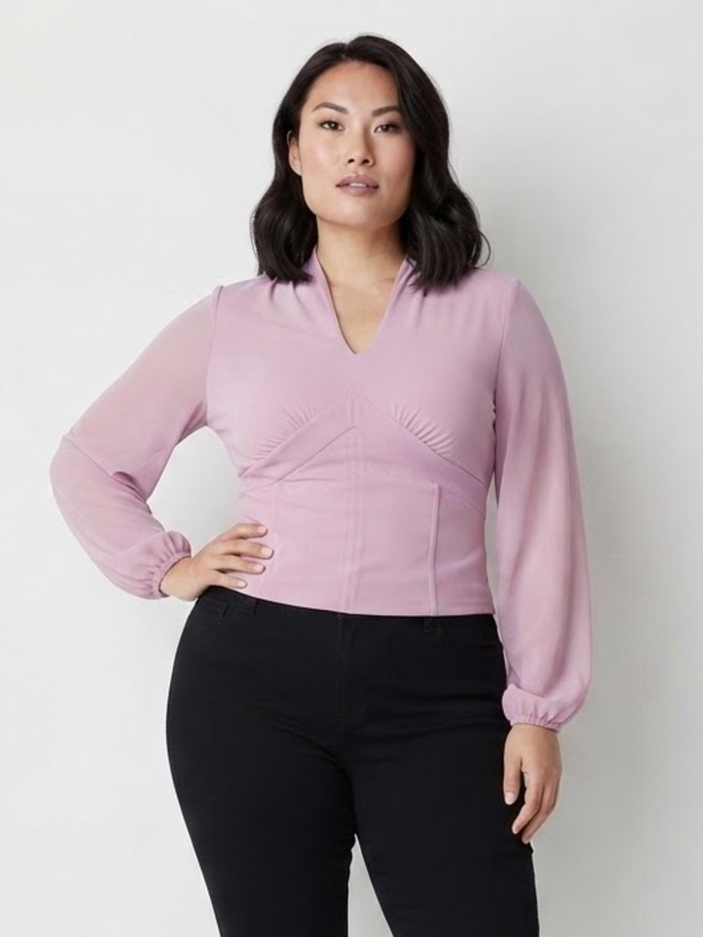 Bold Elements V Neck Long Sheer Sleeve Blouse(Pit to pit 22” Length 22.75”)